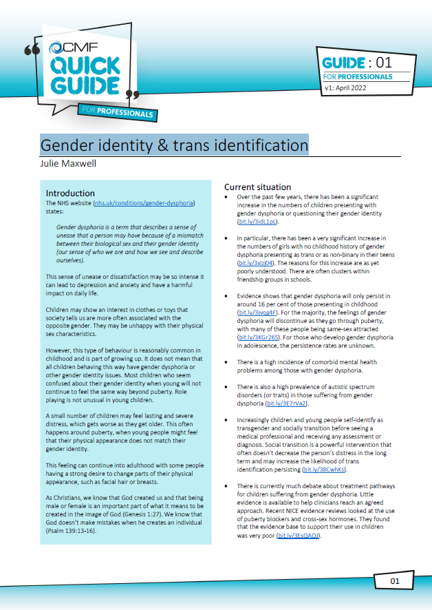 ss Quick Guides - Gender identity & trans identification - Quick Guide 01,  Gender identity & trans identification - for youth workers